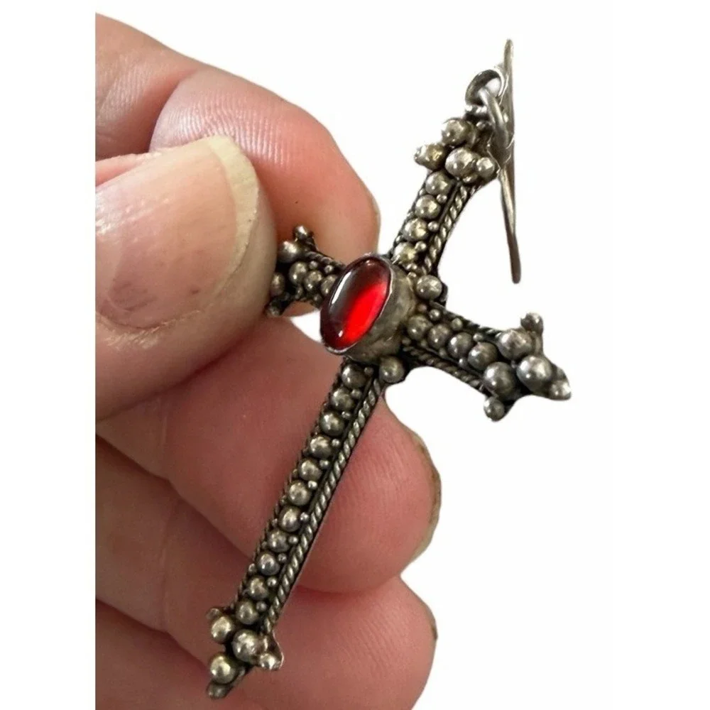Sterling‎ Silver Cross Set Earrings & Pendant Necklace Red Stone Gothic Vintage